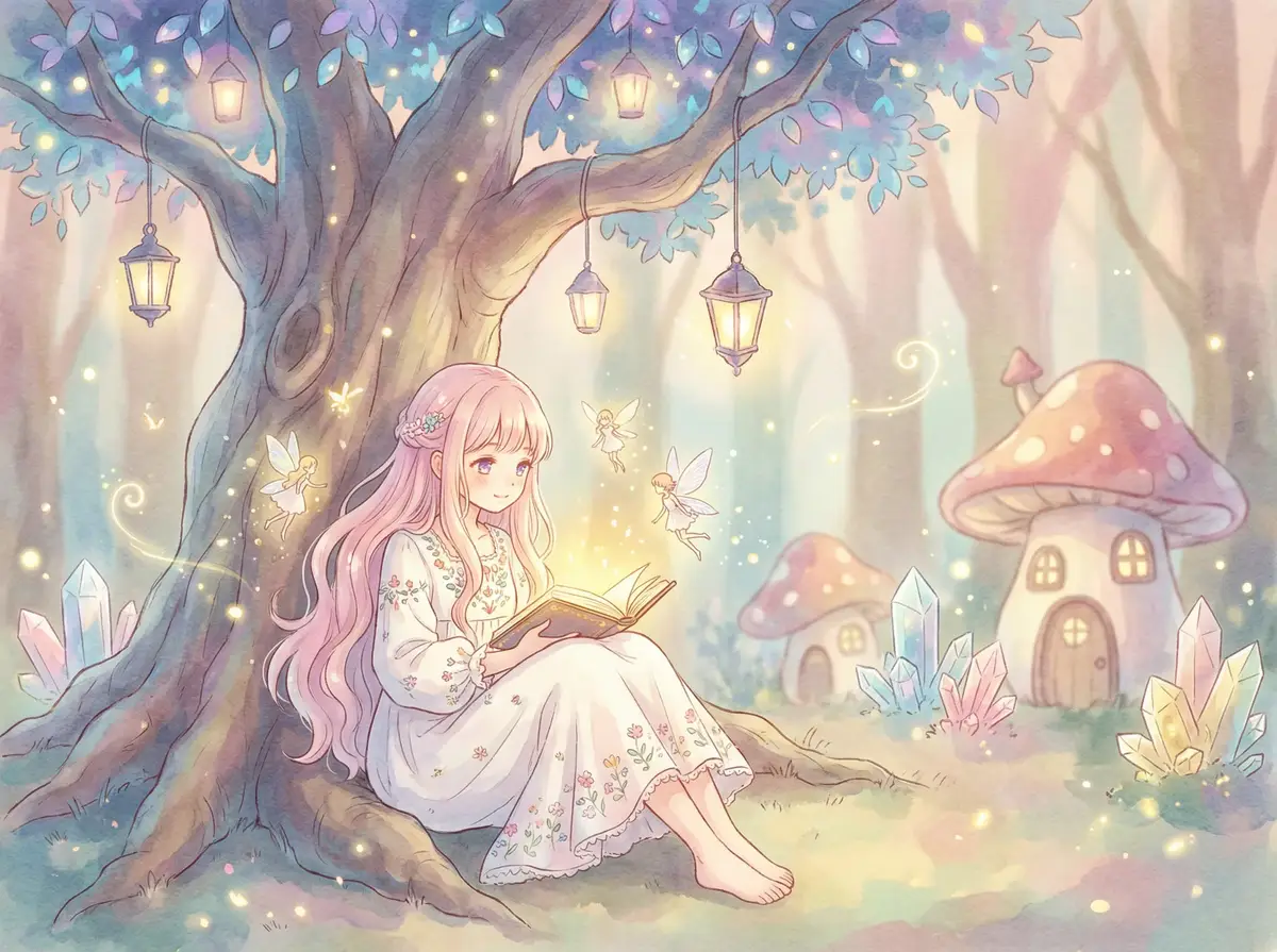 法国监狱 - 魔法森林中阅读故事书的粉发少女与精灵